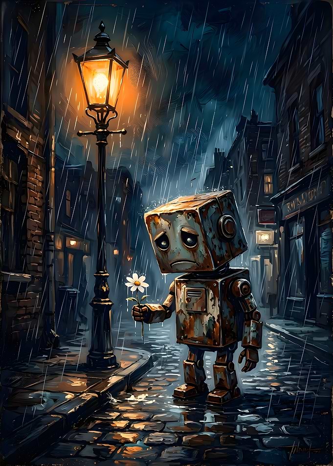 Sad Rusty Robot Holding a Flower