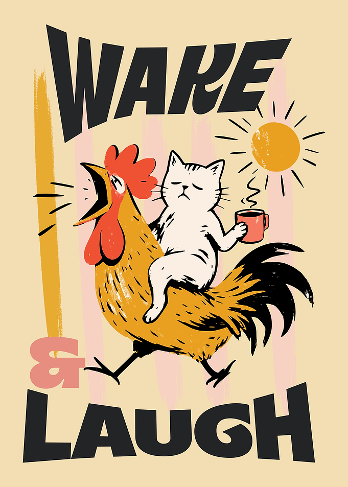Cat Riding Rooster Morning Illustration