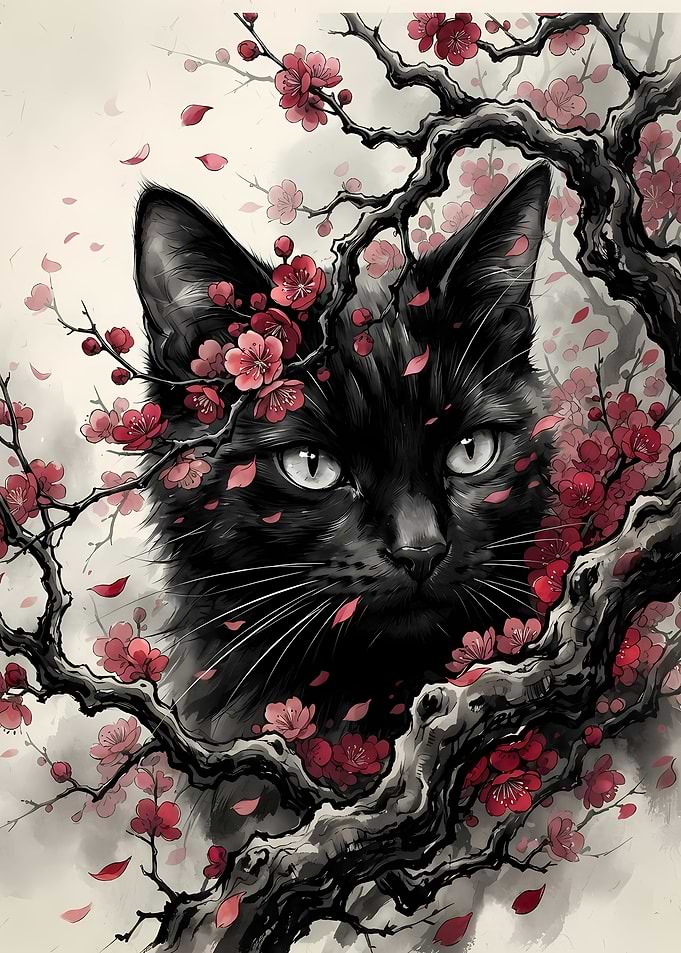 Black Cat in Cherry Blossoms