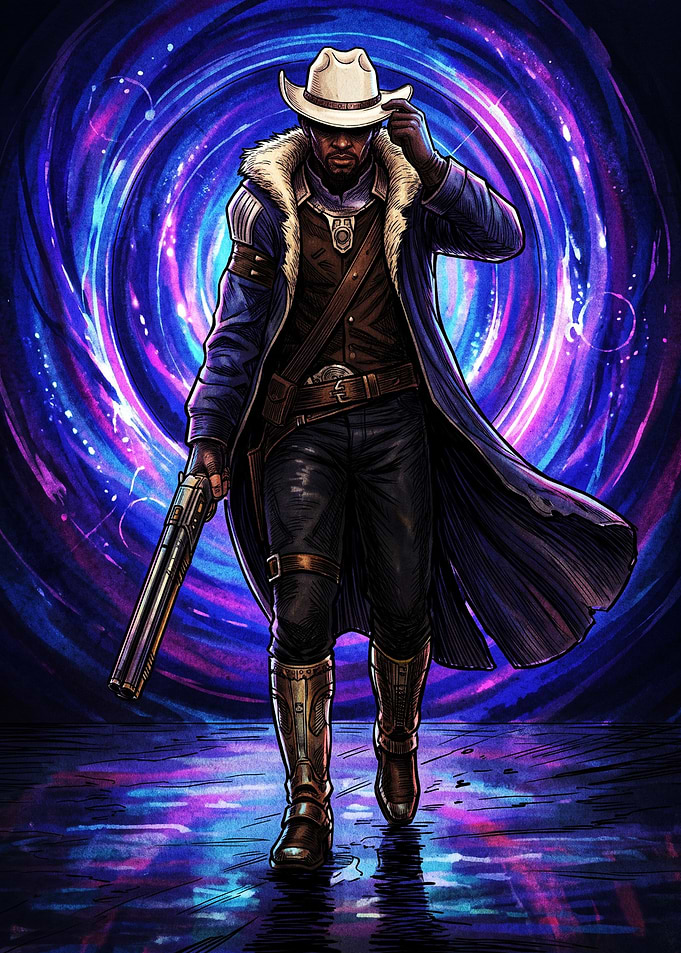 Sci-Fi Cowboy Stepping Through Portal