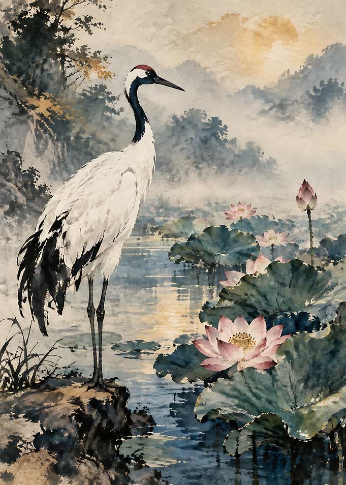 Red-Crowned Crane in Lotus Pond