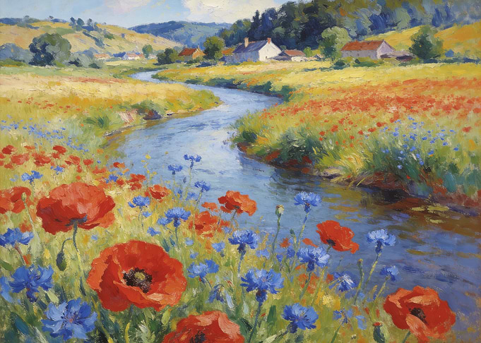 Impressionist Painting of Poppy Field