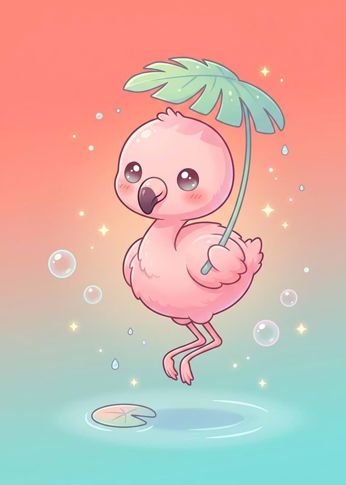 Cute Baby Flamingo with Leaf Umbrella