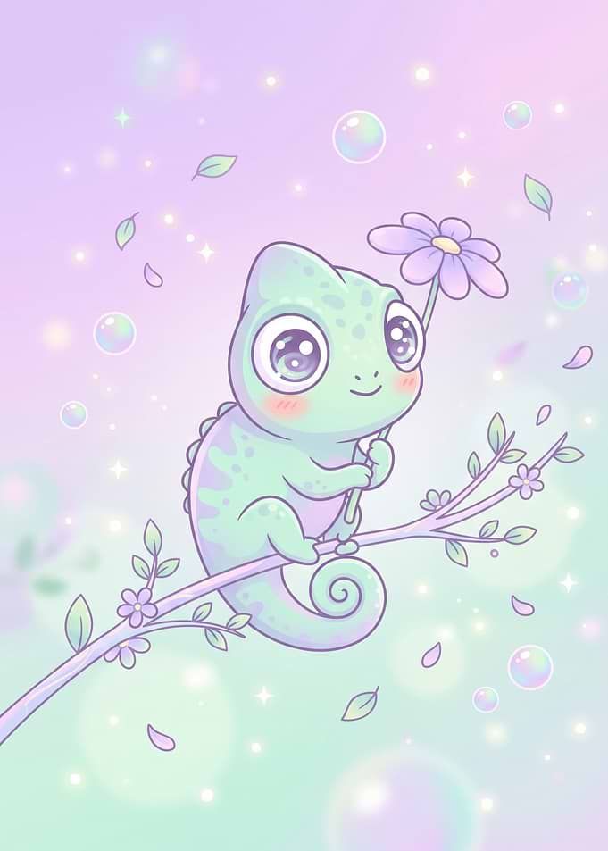 Cute Pastel Chameleon on Branch