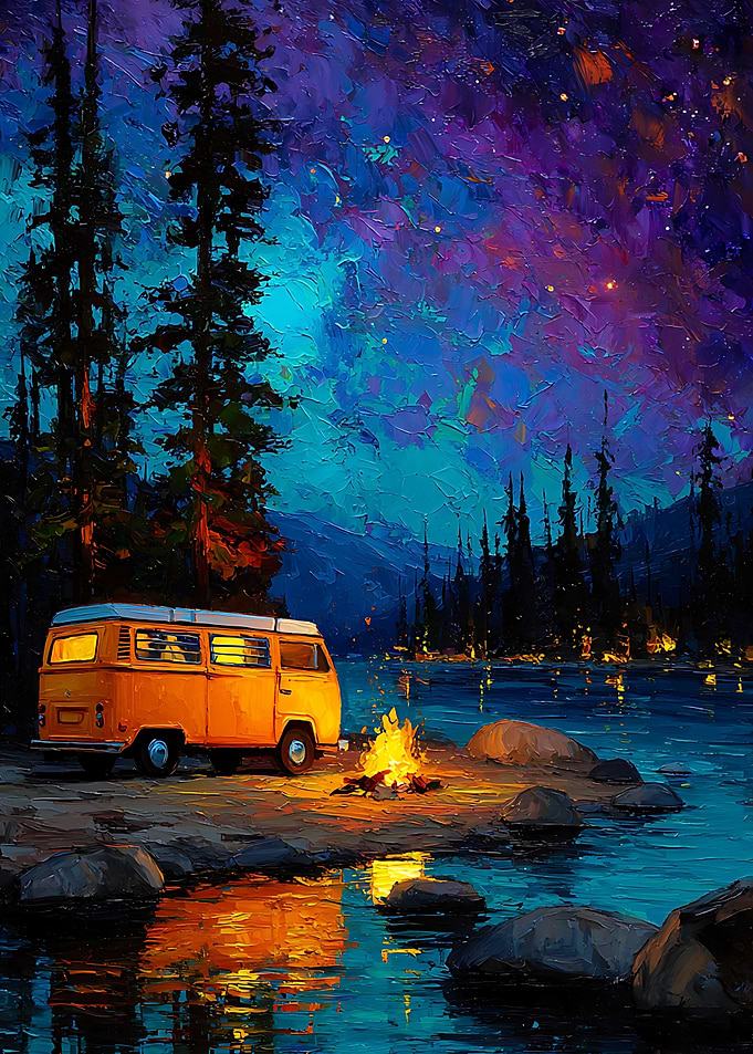 Yellow Camper Van by Campfire