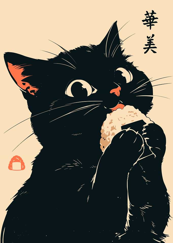 Black Cat Eating Onigiri Rice Ball