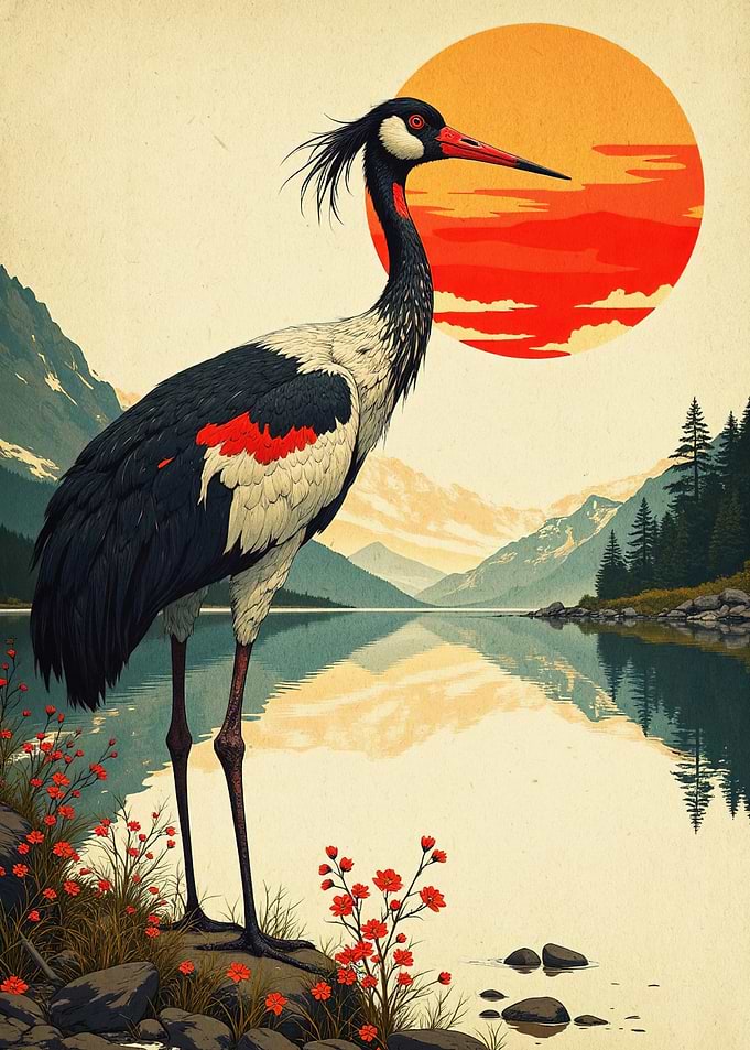 Japanese Crane Sunset Retro Art