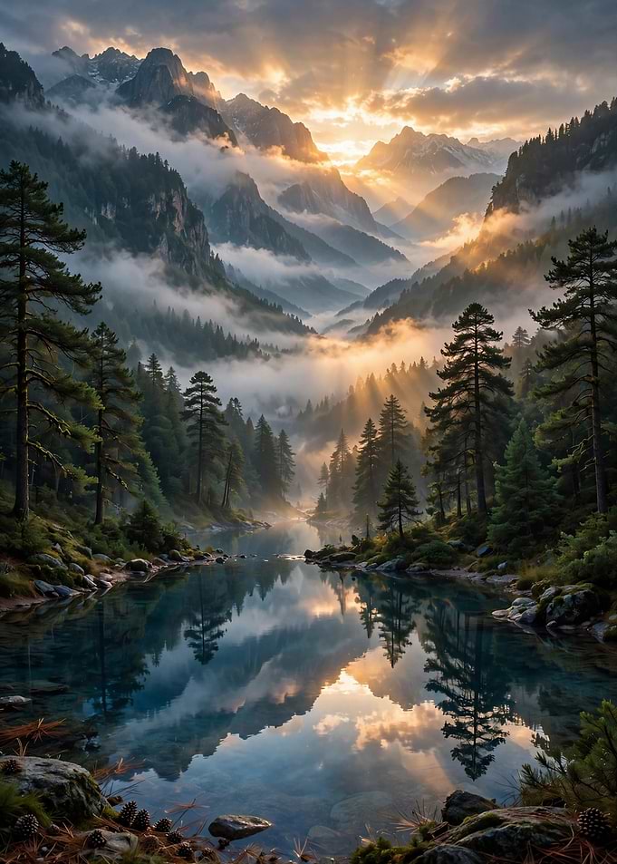 Sunrise Over the Misty Alpine Lake