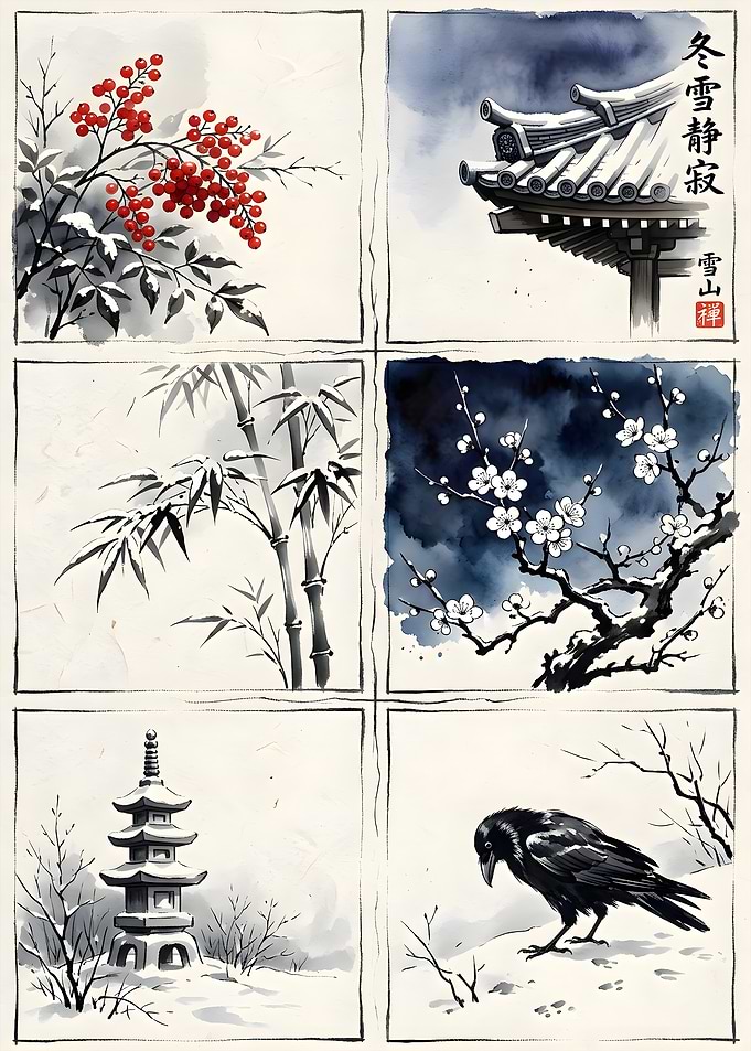 Traditional Japanese Winter Ink Wash Art