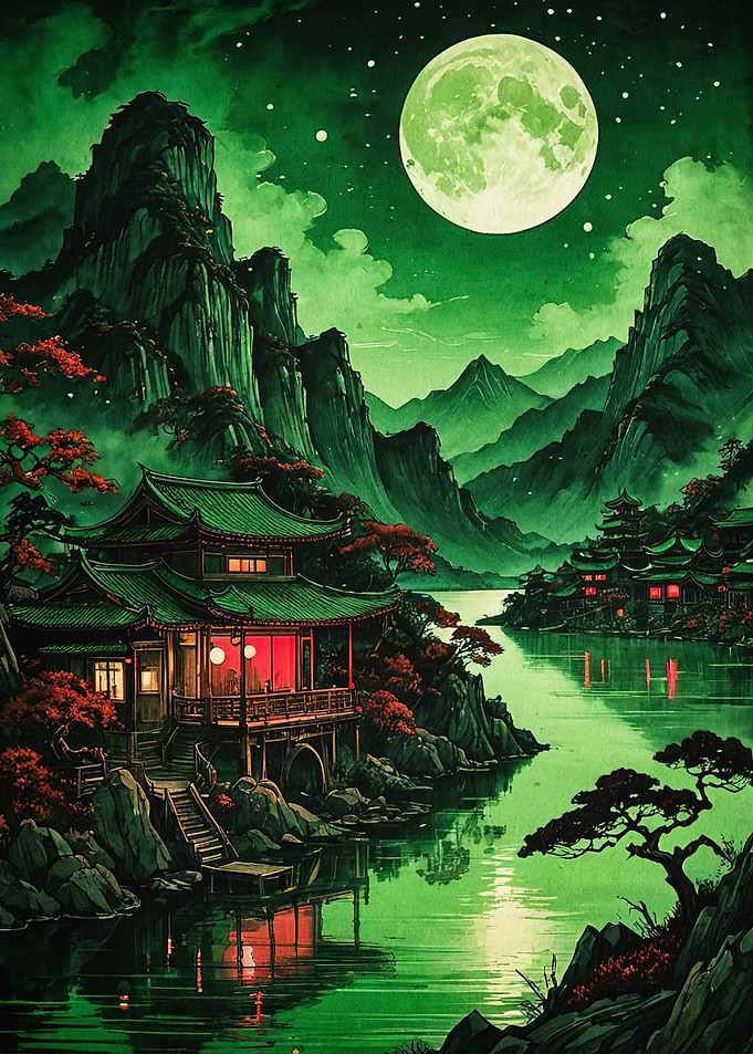 Green Moon Pagoda Japanese Art