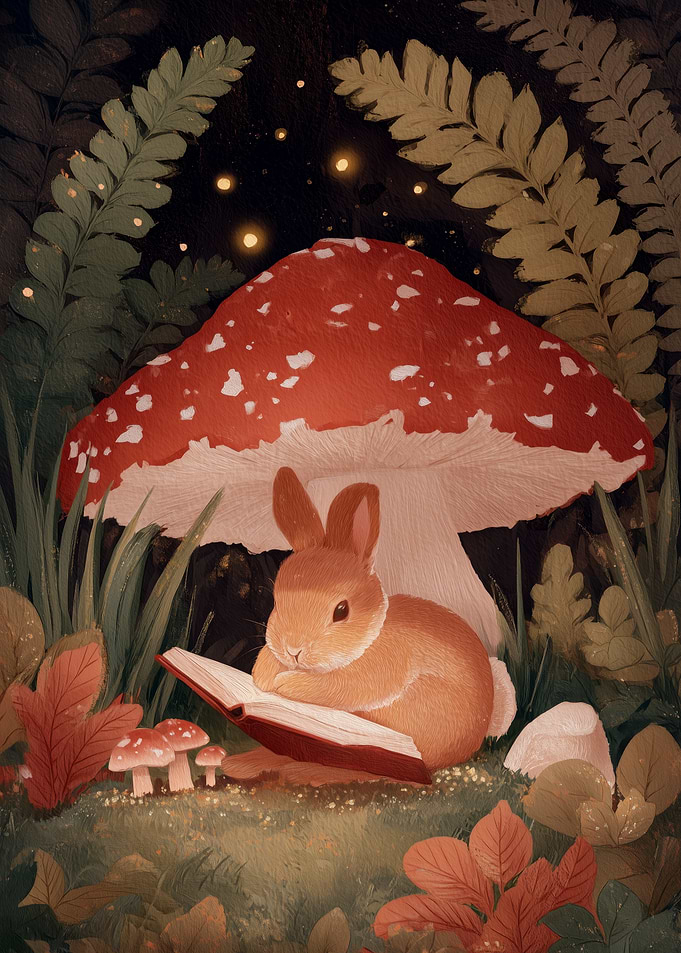 Cute Rabbit Reading Under Mushroom
