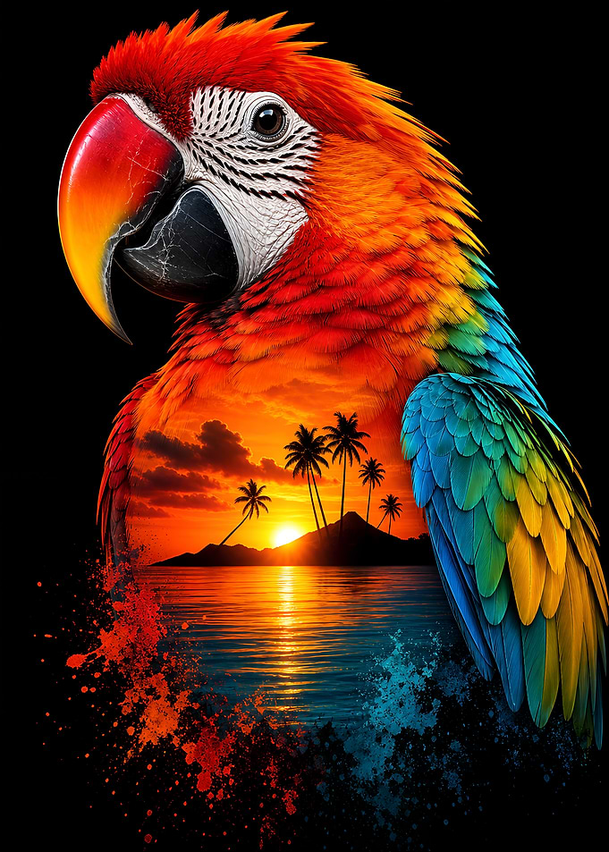 Double Exposure Macaw Parrot Tropical Sunset