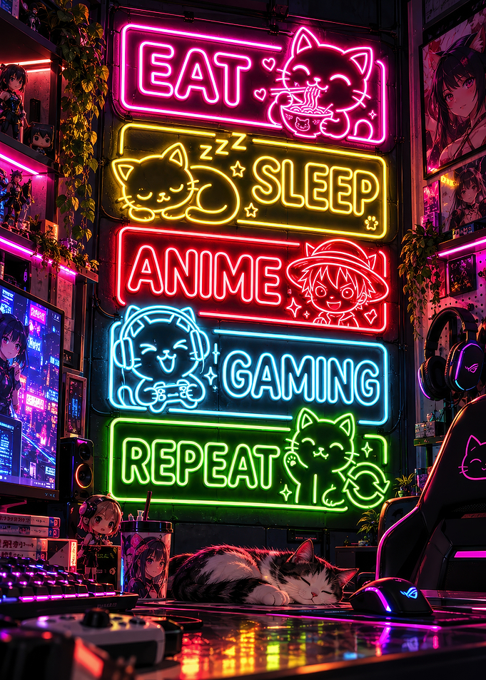 Eat Sleep Anime Gaming Repeat Neon