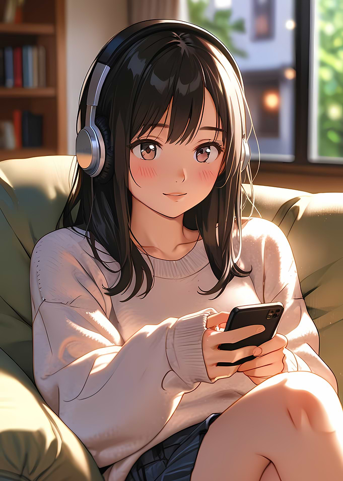 Anime Girl Relaxing with Headphones