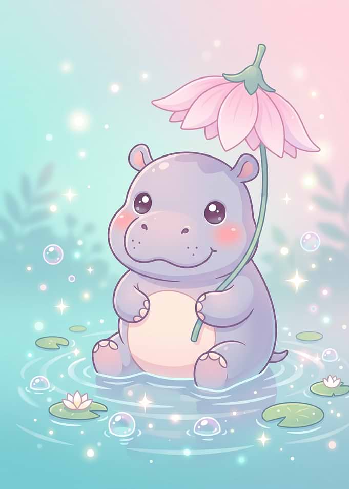 Cute Baby Hippo with Flower Umbrella