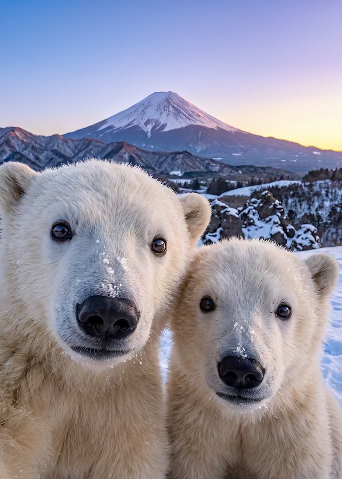 Polar Bear Cubs Before Mount Fuji