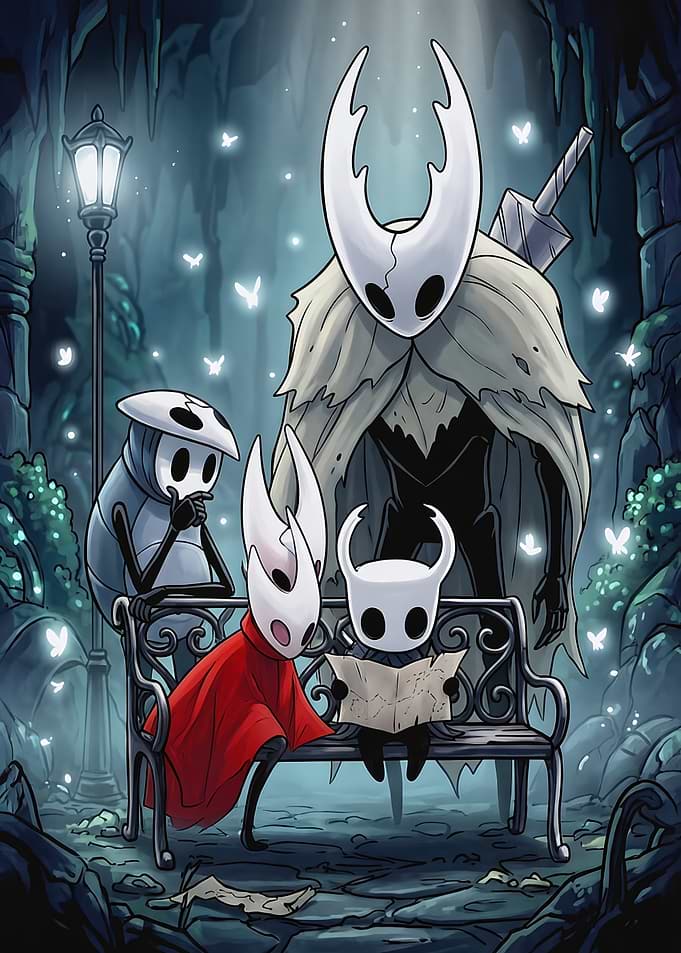 Hollow Knight Characters Resting on Bench