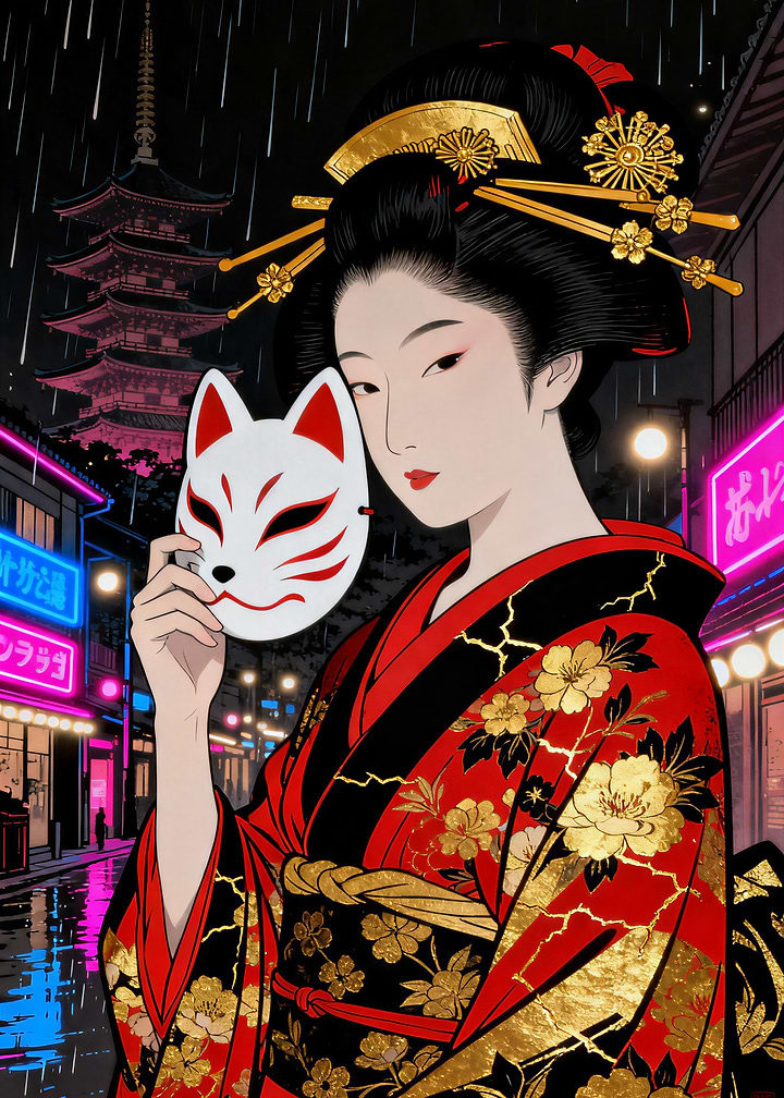 Japanese Oiran I - Fox Mask in Neon Night
