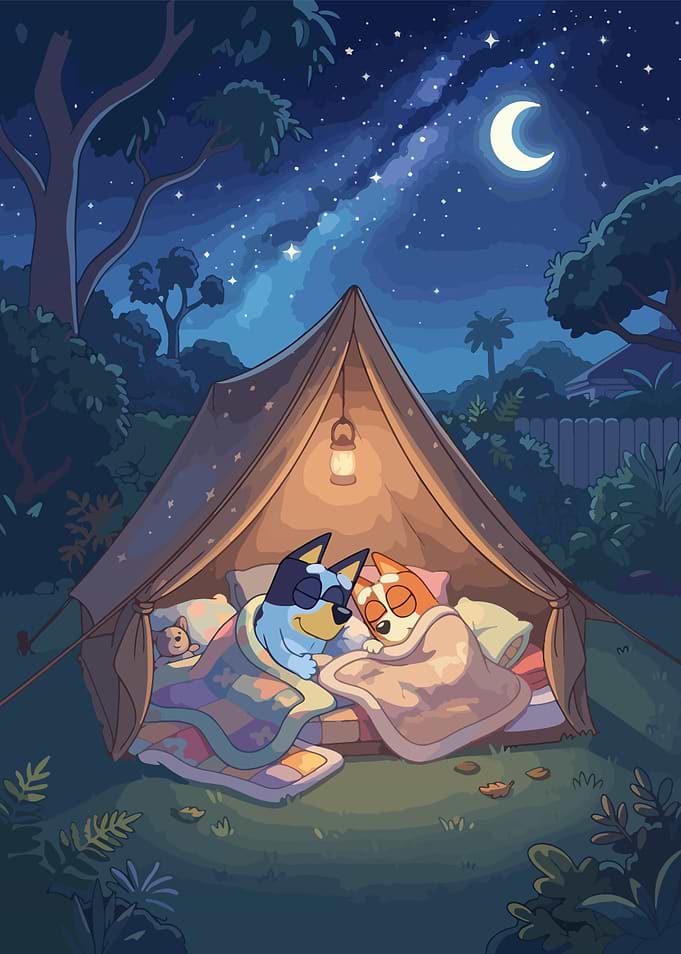 Bluey and Bingo Camping at Night