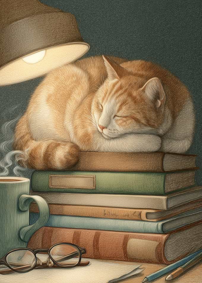 Ginger Cat Sleeping on Books