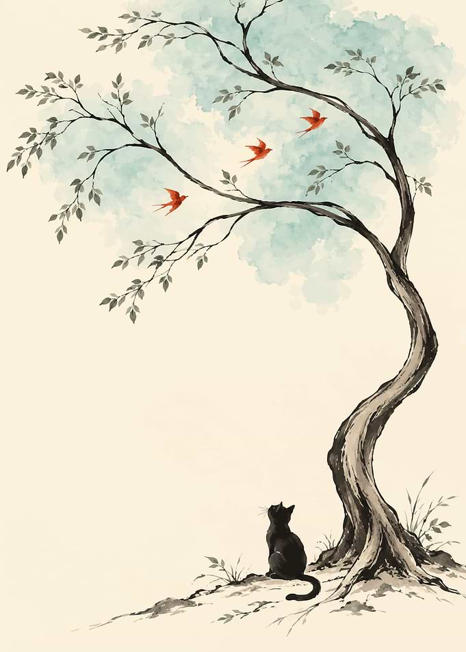 Black Cat Watching Red Birds