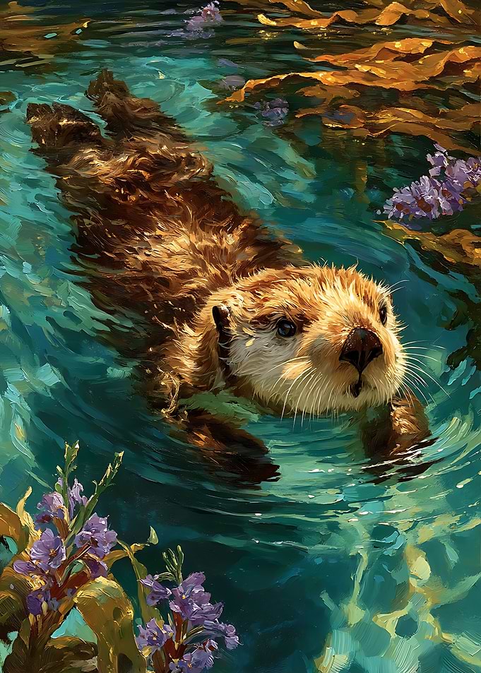 Oil Painting of a Swimming Otter