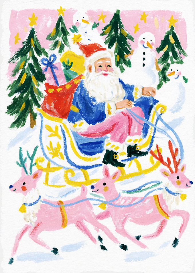 Whimsical Santa in Pink Sleigh