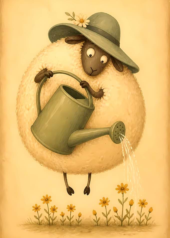 Cute Sheep Watering Flowers Illustration