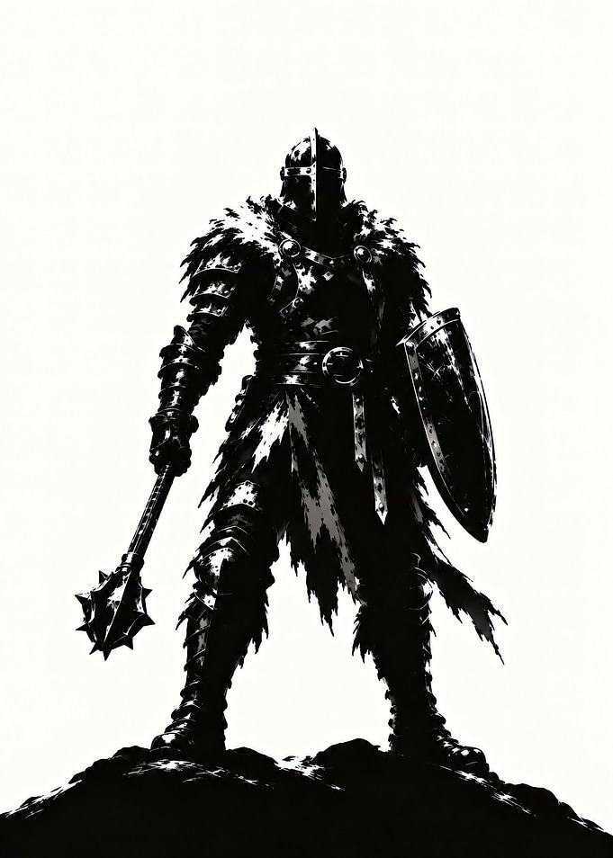 Dark Medieval Knight with Mace and Shield