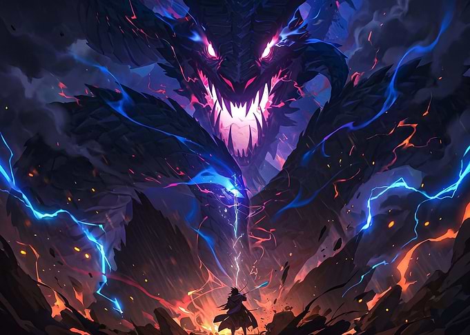 Warrior Facing a Colossal Shadow Dragon