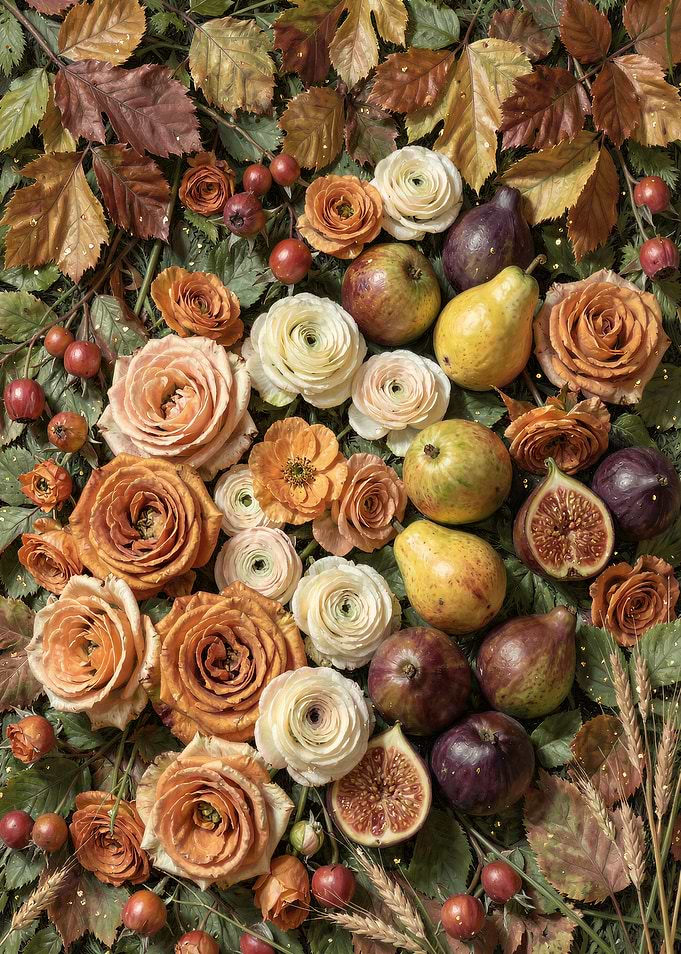 Harvest Table of Pears, Figs and Roses