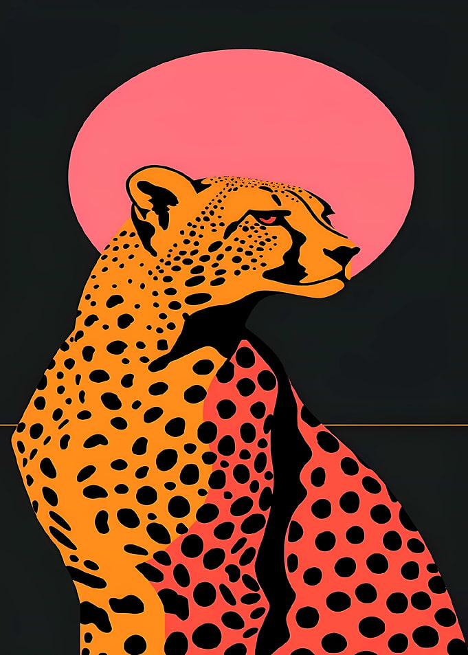 Stylized Cheetah Portrait with Pink Sun