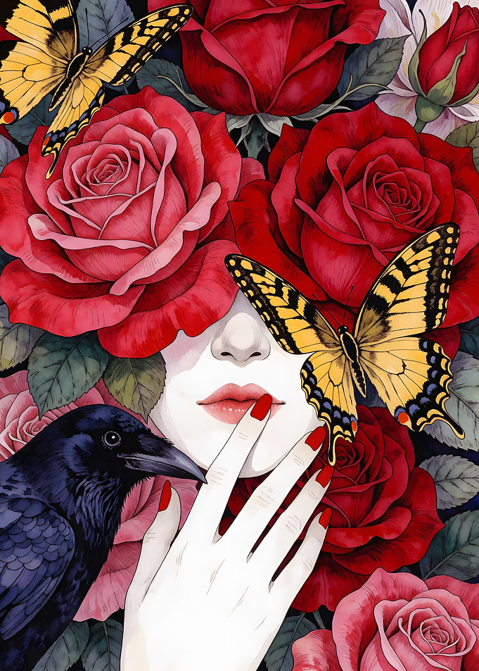 Woman with Roses and Butterflies