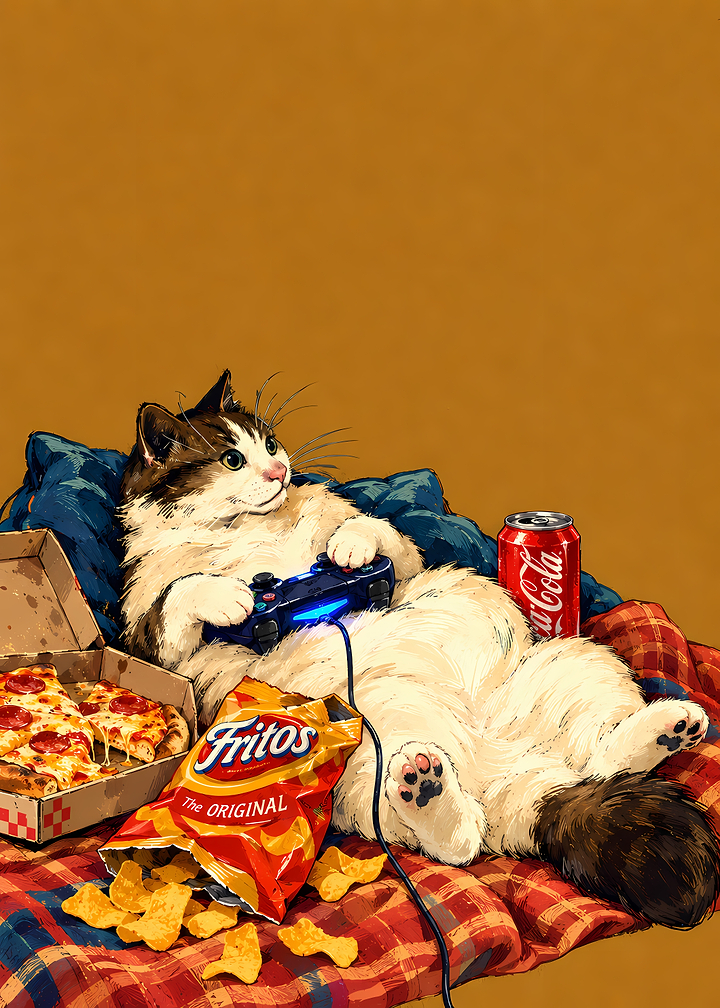 Cat Gaming with Snacks