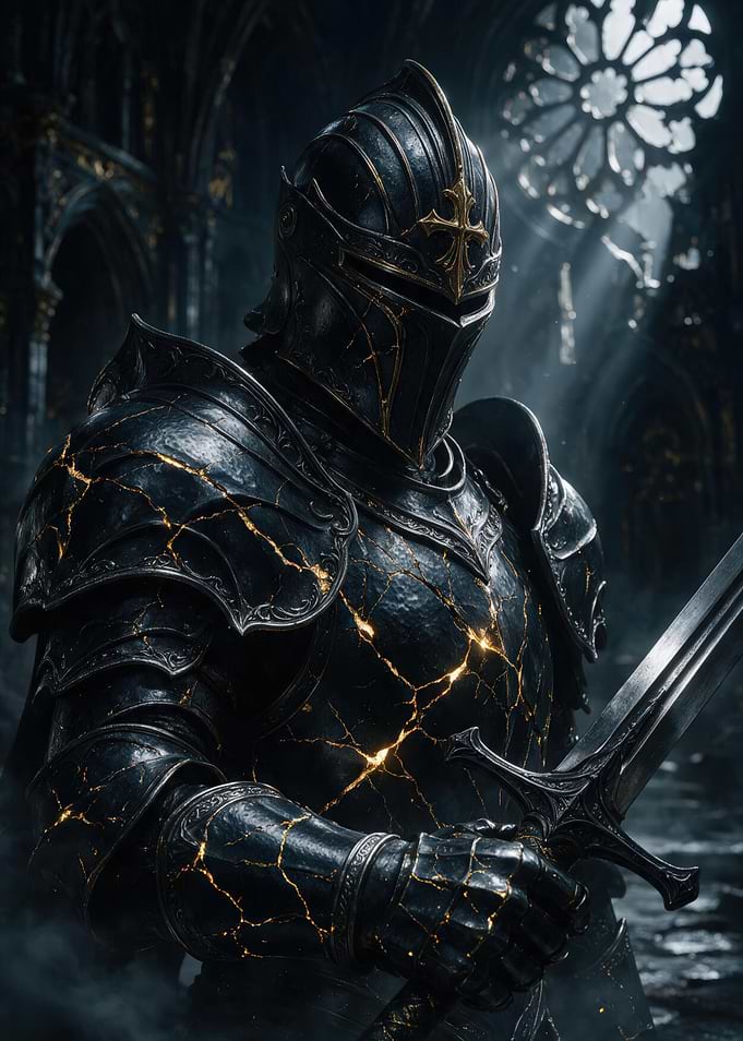 Dark Knight in Golden Cracked Armor