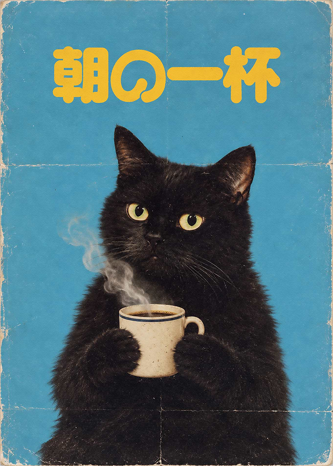 Black Cat Drinking Morning Coffee