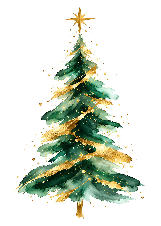 Watercolor Christmas Tree with Gold Accents