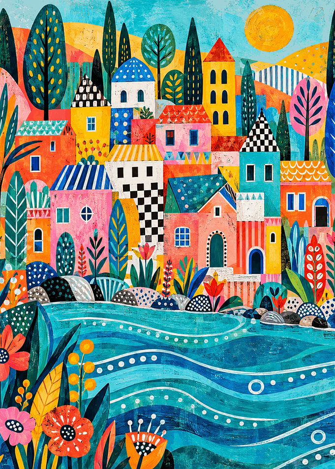 Whimsical Colorful Mediterranean Coastal Village