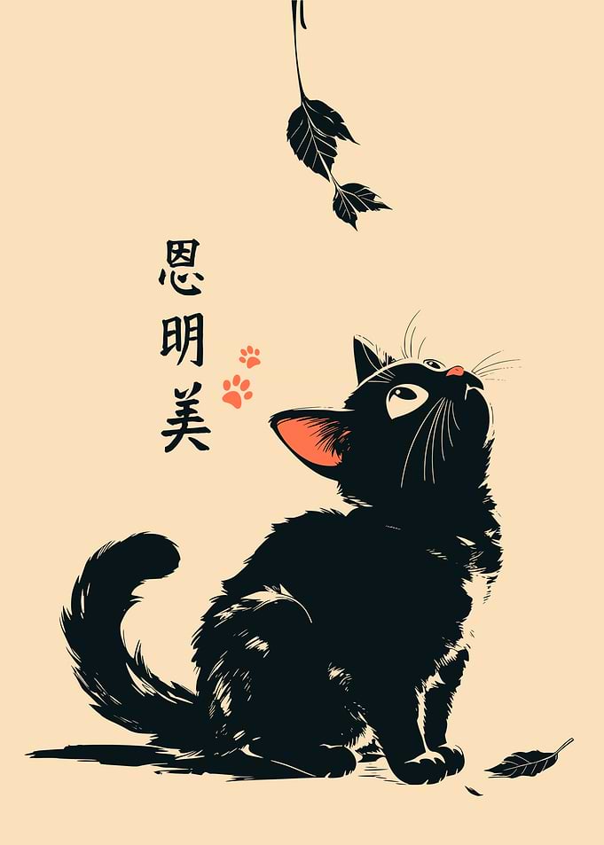 Black Cat And Falling Leaf Japanese
