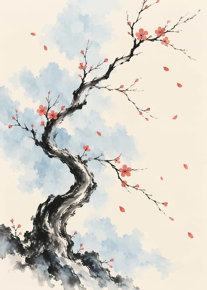 Traditional Ink Wash Cherry Blossom Tree