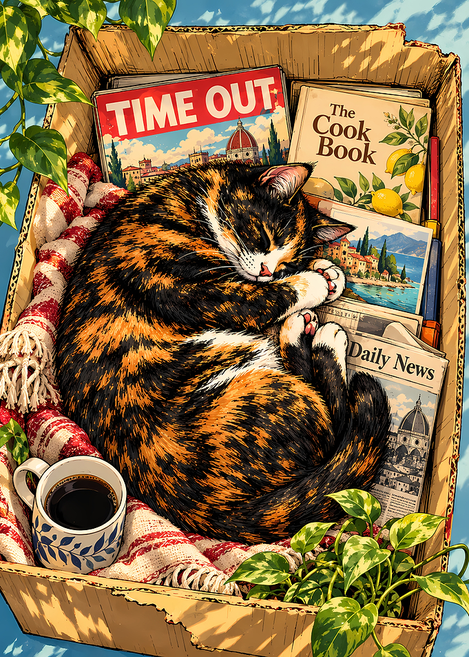 Calico Cat Sleeping in Cardboard Box