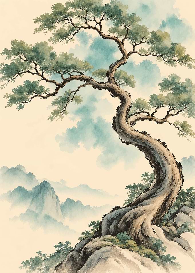 Traditional Chinese Ink Wash Pine Tree