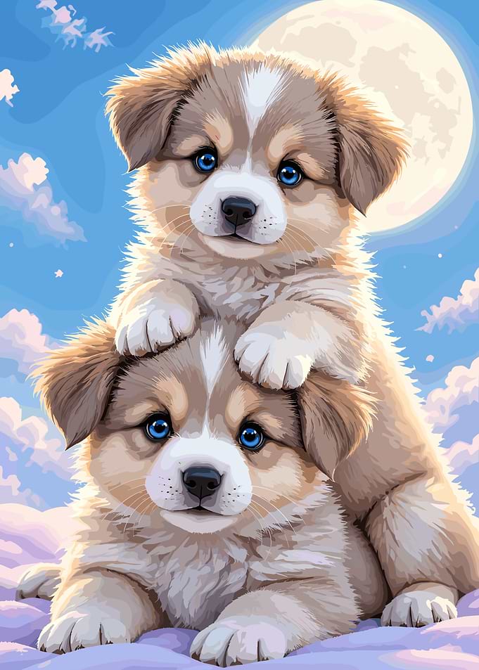 Two Cute Puppies Under Full Moon