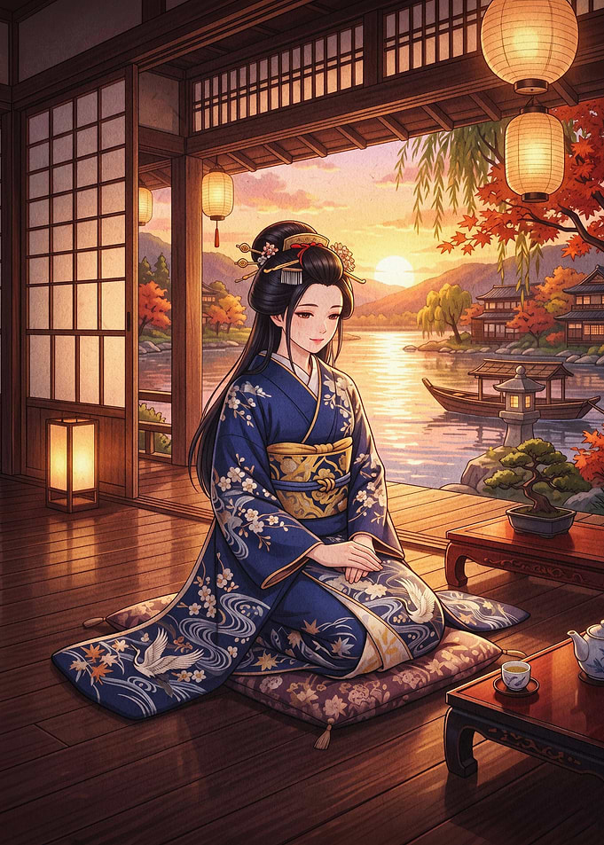 Geisha Sunset Lake Japanese Art