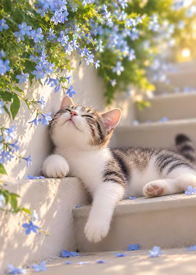 Cute Kitten Relaxing Among Blue Flowers