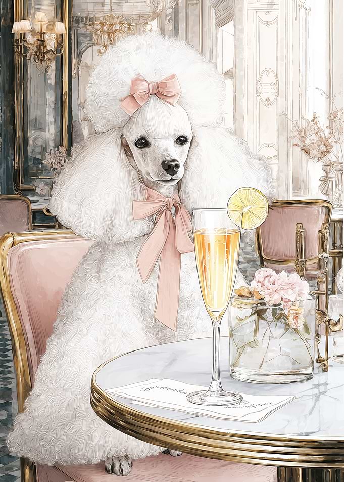 Elegant White Poodle at Cafe