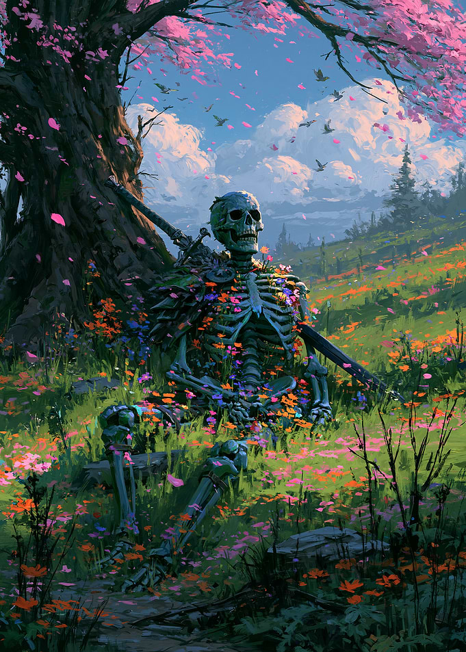 Skeleton Resting Under Cherry Blossom Tree