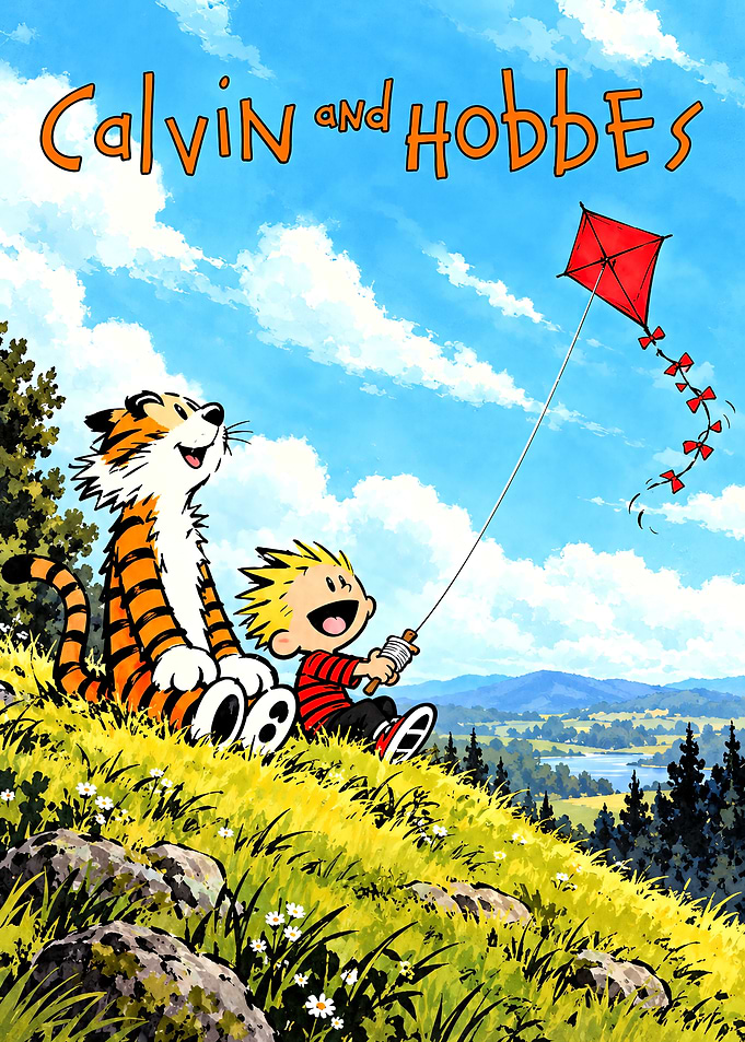 Calvin and Hobbes Flying a Kite