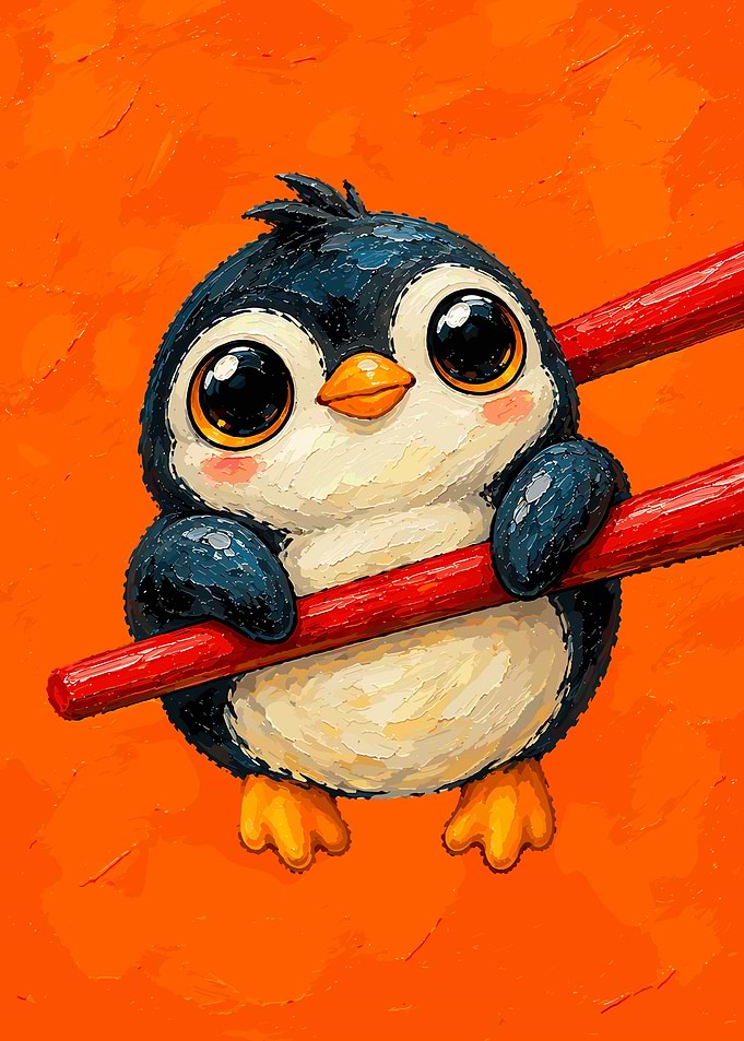 Cute Penguin Holding Red Chopsticks
