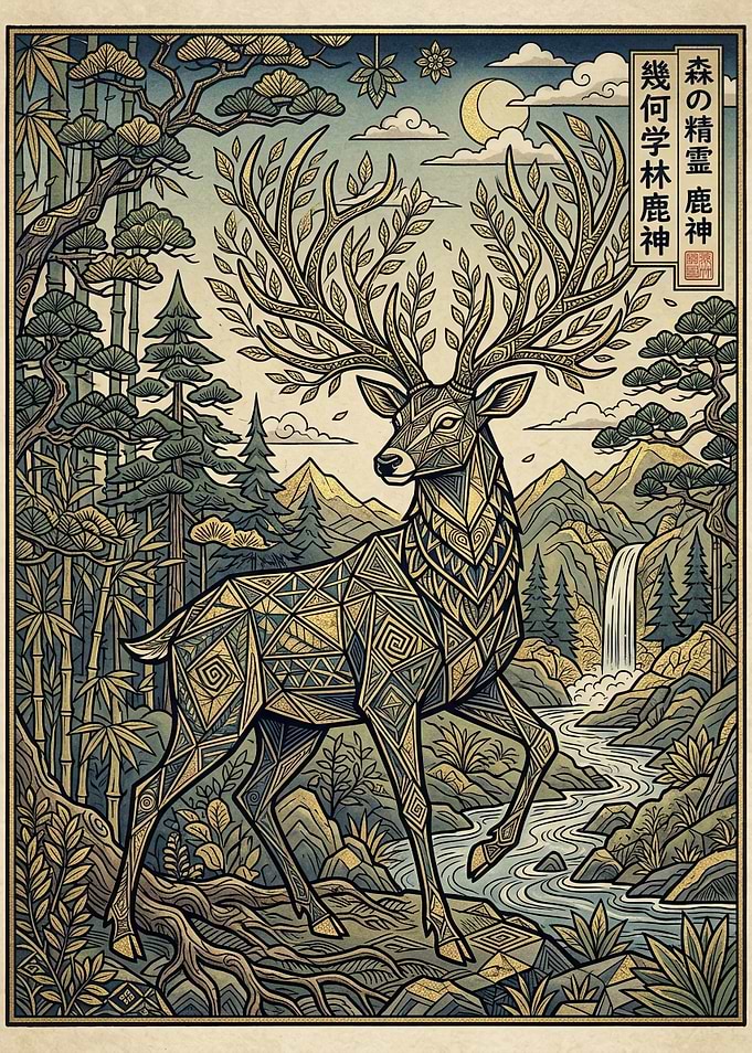 Geometric Forest Spirit Deer Art